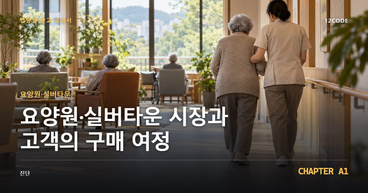 요양원·실버타운 업종별 광고 교과서 A1장, 시장과 고객의 구매 여정을 안내하는 표지 이미지