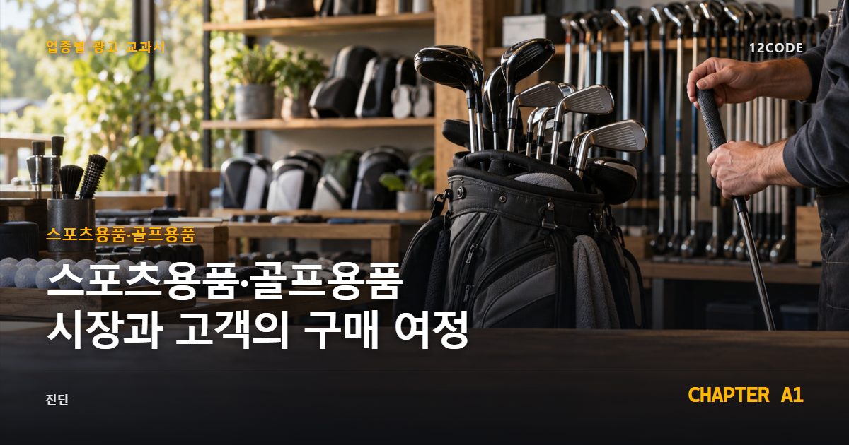스포츠용품·골프용품 업종별 광고 교과서 A1장, 시장과 고객의 구매 여정을 안내하는 표지 이미지