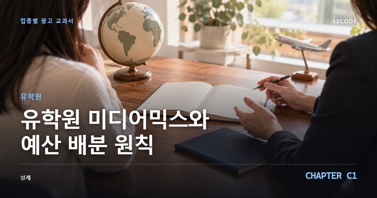 유학원 업종별 광고 교과서 C1장, 미디어믹스와 예산 배분 원칙을 안내하는 표지 이미지