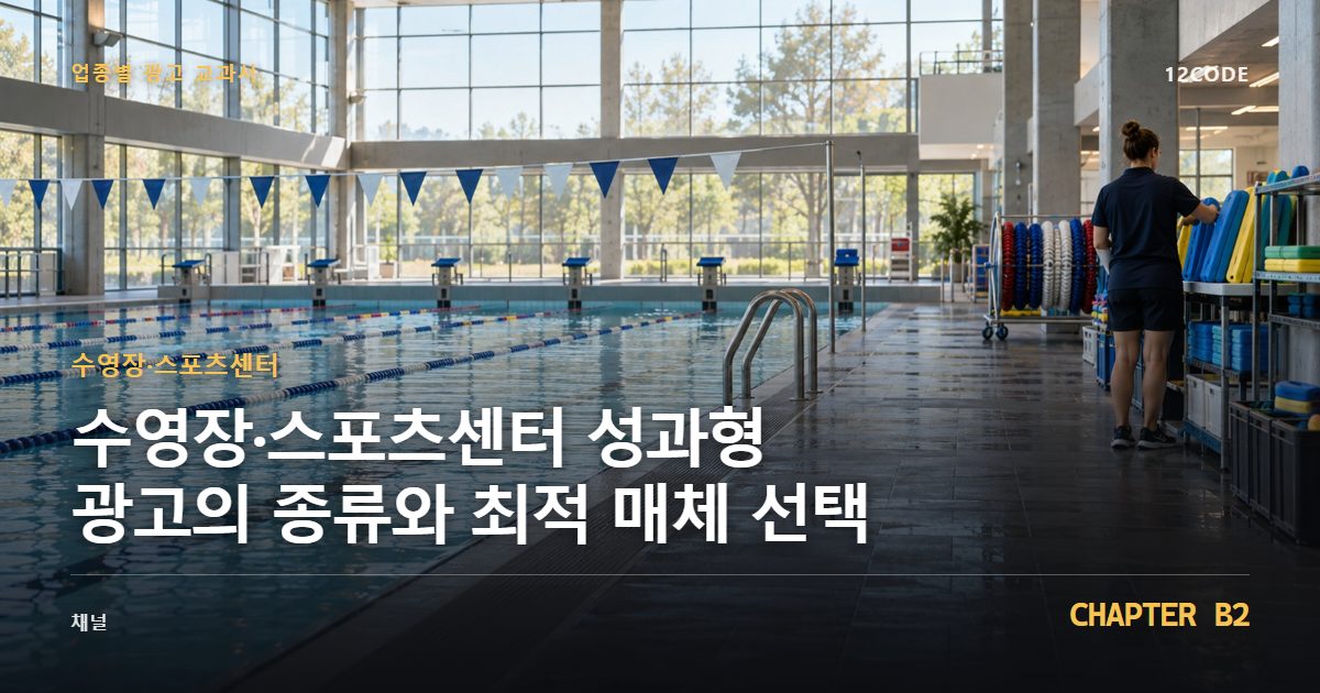수영장·스포츠센터 업종별 광고 교과서 B2장, 성과형 광고의 종류와 최적 매체 선택을 안내하는 표지 이미지