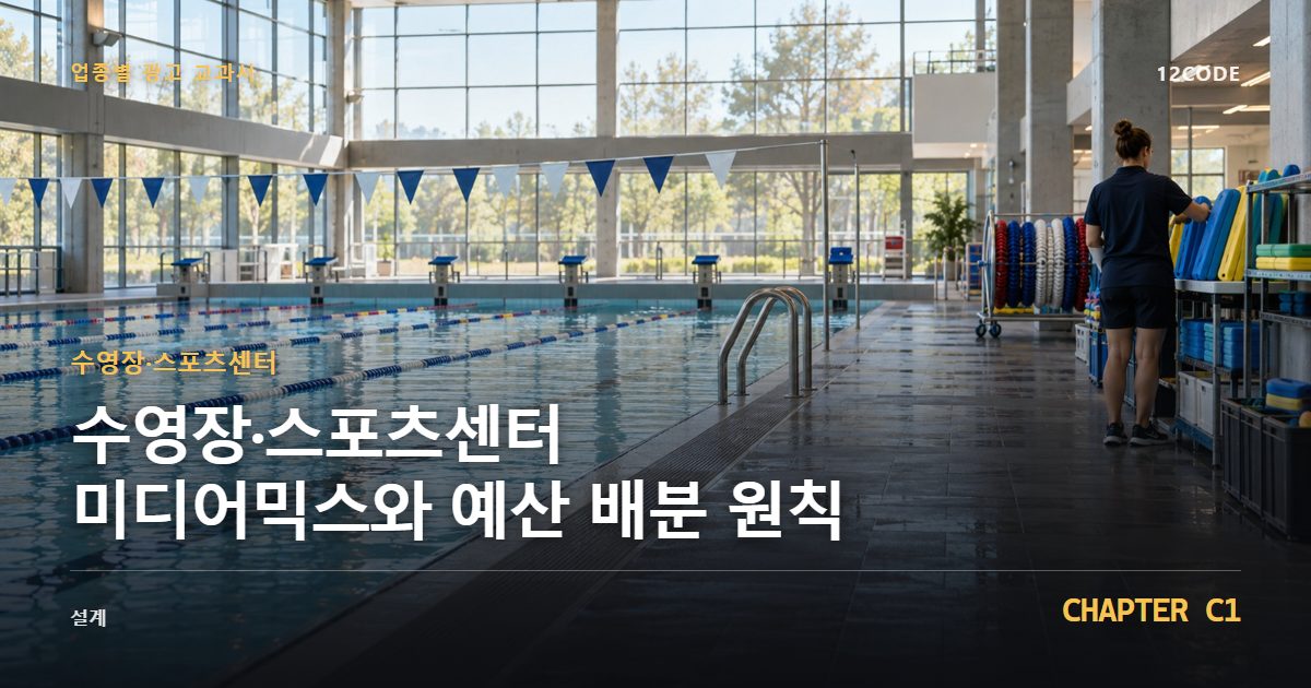 수영장·스포츠센터 업종별 광고 교과서 C1장, 미디어믹스와 예산 배분 원칙을 안내하는 표지 이미지