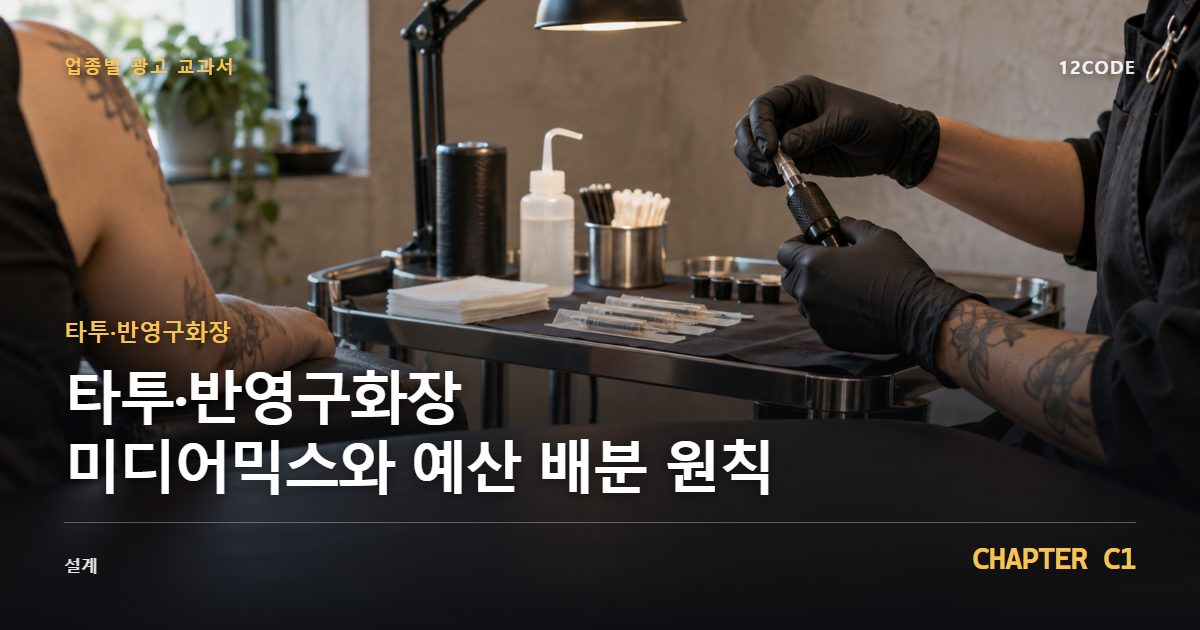 타투·반영구화장 업종별 광고 교과서 C1장, 미디어믹스와 예산 배분 원칙을 안내하는 표지 이미지