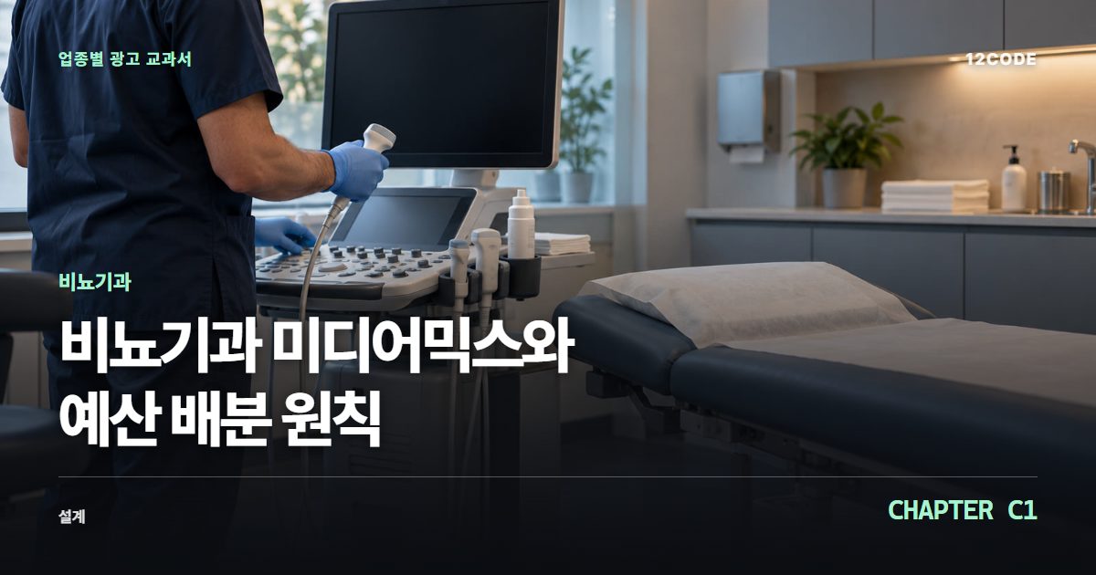 비뇨기과 업종별 광고 교과서 C1장, 미디어믹스와 예산 배분 원칙을 안내하는 표지 이미지