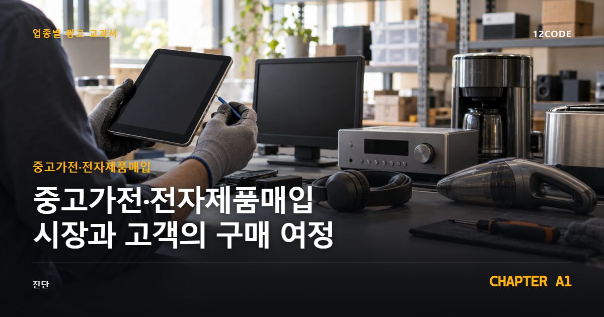 중고가전·전자제품매입 업종별 광고 교과서 A1장, 시장과 고객의 구매 여정을 안내하는 표지 이미지