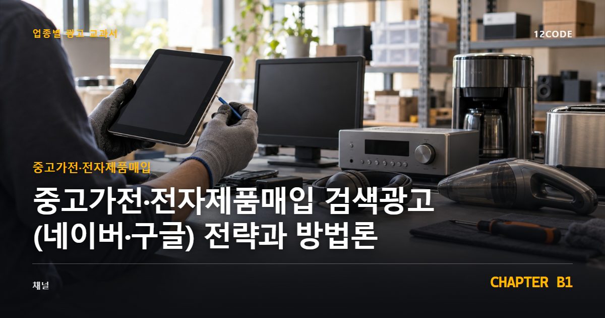 중고가전·전자제품매입 업종별 광고 교과서 B1장, 검색광고(네이버·구글) 전략과 방법론을 안내하는 표지 이미지