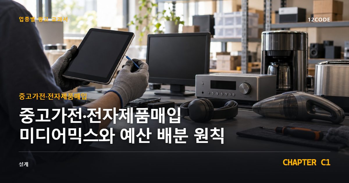 중고가전·전자제품매입 업종별 광고 교과서 C1장, 미디어믹스와 예산 배분 원칙을 안내하는 표지 이미지