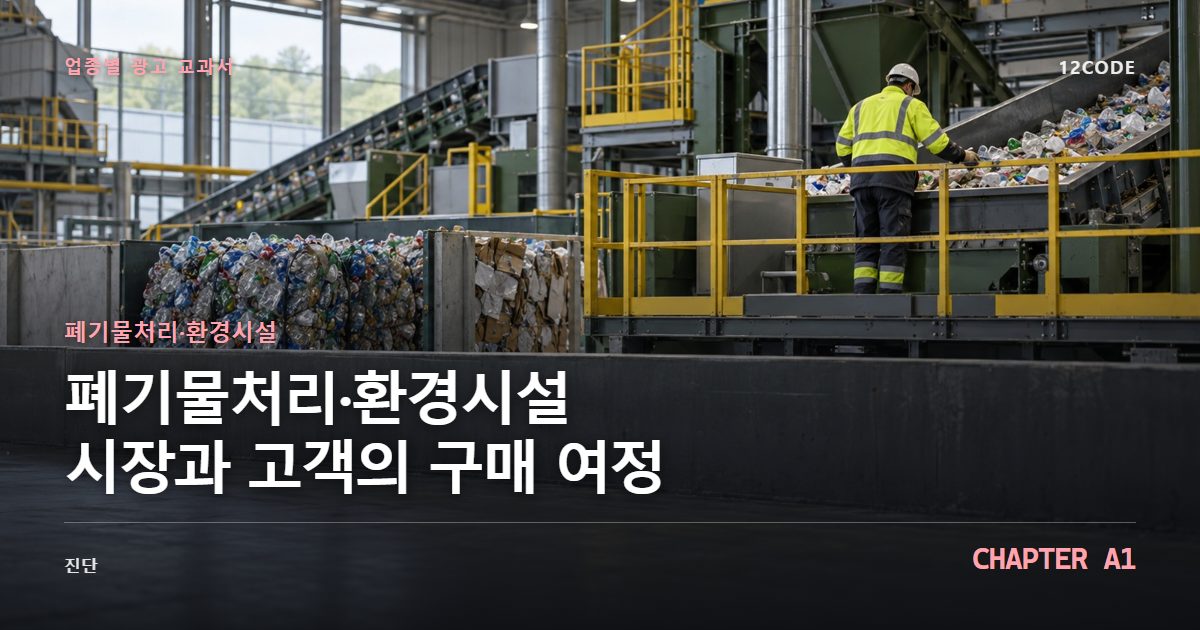 폐기물처리·환경시설 업종별 광고 교과서 A1장, 시장과 고객의 구매 여정을 안내하는 표지 이미지