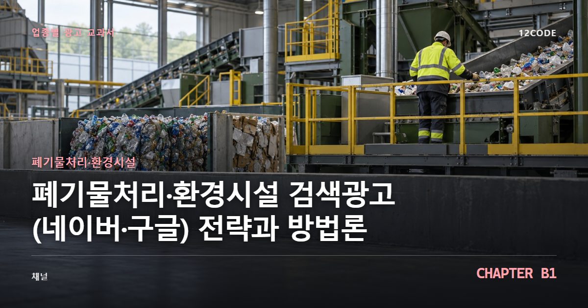 폐기물처리·환경시설 업종별 광고 교과서 B1장, 검색광고(네이버·구글) 전략과 방법론을 안내하는 표지 이미지