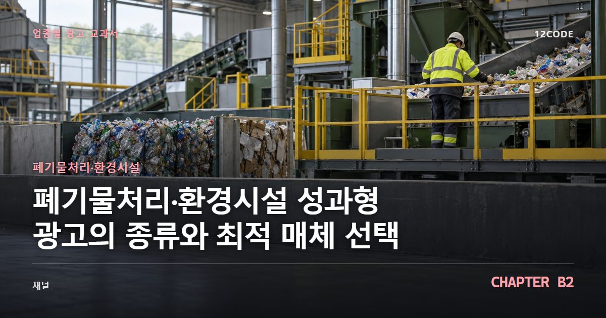 폐기물처리·환경시설 업종별 광고 교과서 B2장, 성과형 광고의 종류와 최적 매체 선택을 안내하는 표지 이미지