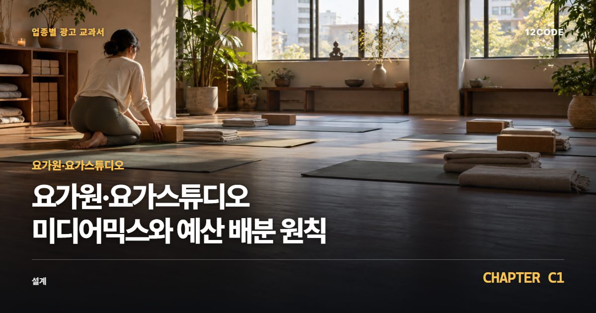 요가원·요가스튜디오 업종별 광고 교과서 C1장, 미디어믹스와 예산 배분 원칙을 안내하는 표지 이미지