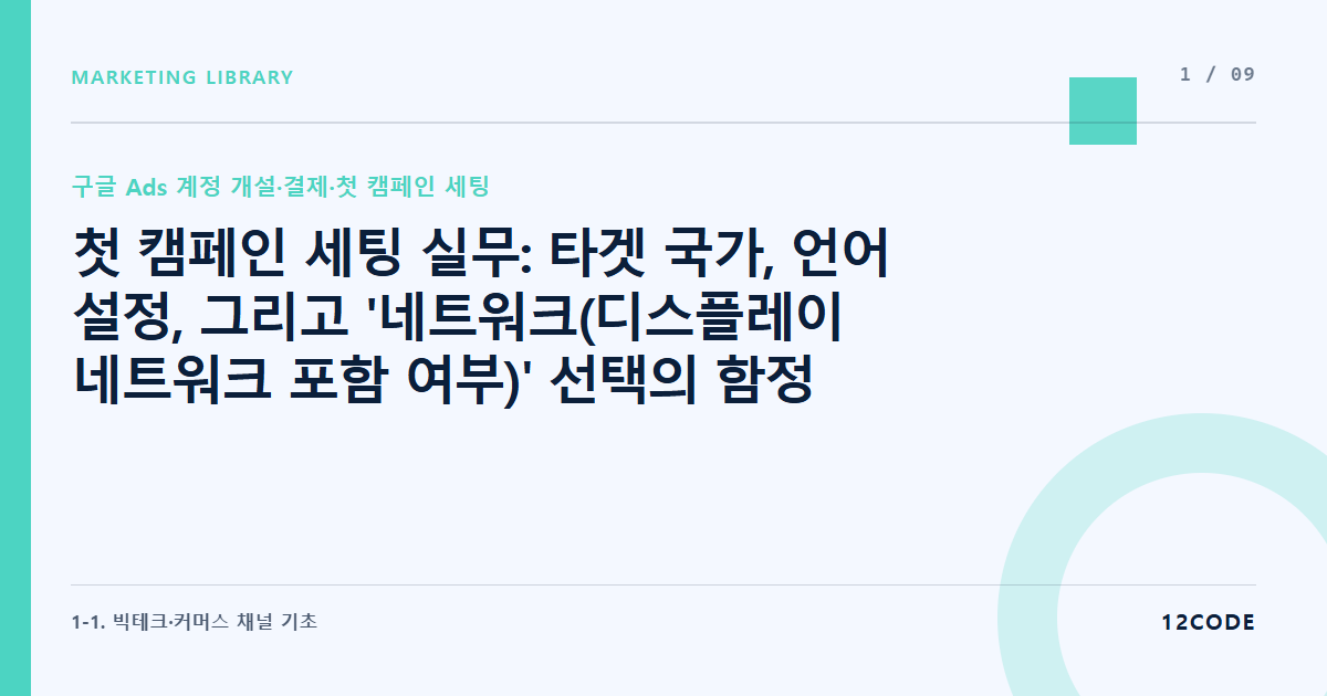 12code 라이브러리 아티클 표지. 첫 캠페인 세팅 실무: 타겟 국가, 언어 설정, 그리고 '네트워크(디스플레이 네트워크 포함 여부)' 선택의 함정