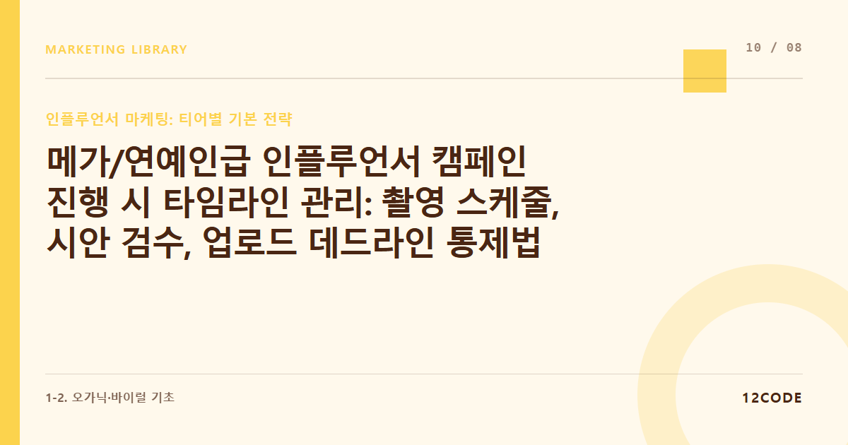 12code 라이브러리 아티클 표지. 메가/연예인급 인플루언서 캠페인 진행 시 타임라인 관리: 촬영 스케줄, 시안 검수, 업로드 데드라인 통제법