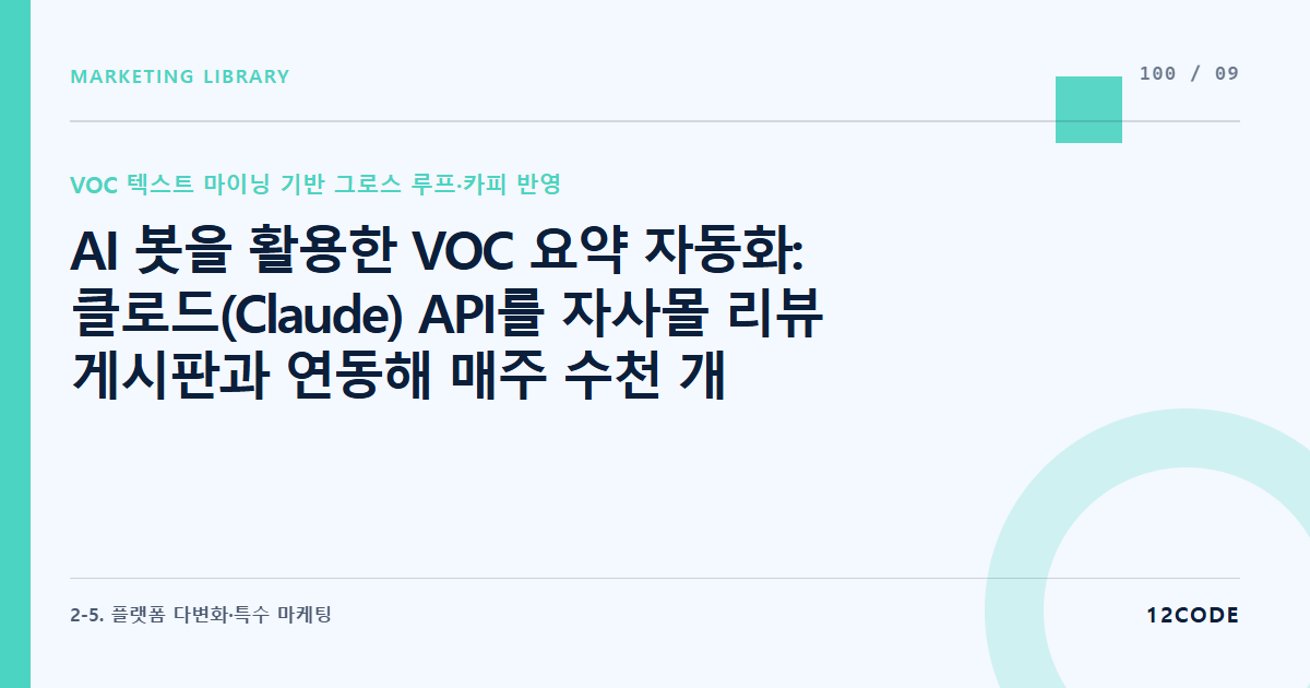 12code 라이브러리 아티클 표지. AI 봇을 활용한 VOC 요약 자동화: 클로드(Claude) API를 자사몰 리뷰 게시판과 연동해 매주 수천 개의 후기 속 핵심 키워드 3개 자동 추출 규칙