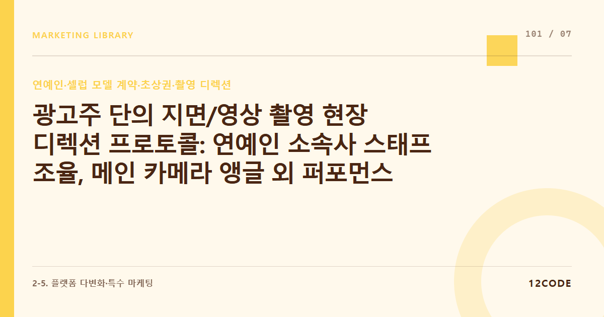 12code 라이브러리 아티클 표지. 광고주 단의 지면/영상 촬영 현장 디렉션 프로토콜: 연예인 소속사 스태프 조율, 메인 카메라 앵글 외 퍼포먼스 광고용 'b컷/세로형 훅 영상' 추가 확보 테크닉