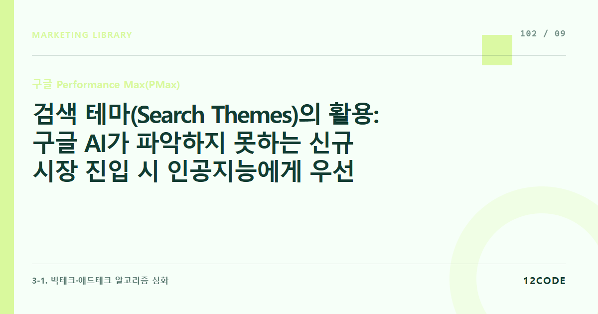 12code 라이브러리 아티클 표지. 검색 테마(Search Themes)의 활용: 구글 AI가 파악하지 못하는 신규 시장 진입 시 인공지능에게 우선 학습 방향을 명시하는 가이드