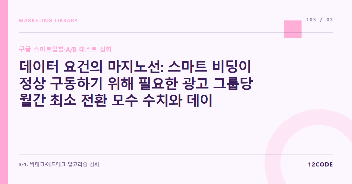 12code 라이브러리 아티클 표지. 데이터 요건의 마지노선: 스마트 비딩이 정상 구동하기 위해 필요한 광고 그룹당 월간 최소 전환 모수 수치와 데이터 신뢰성 검증