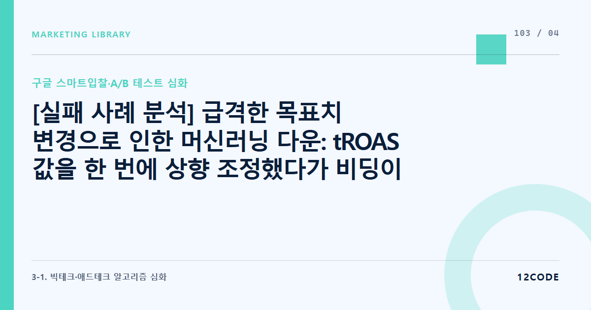 12code 라이브러리 아티클 표지. [실패 사례 분석] 급격한 목표치 변경으로 인한 머신러닝 다운: tROAS 값을 한 번에 상향 조정했다가 비딩이 영구 멈춘 케이스 역추적