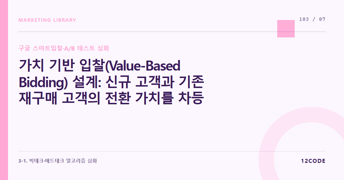 12code 라이브러리 아티클 표지. 가치 기반 입찰(Value-Based Bidding) 설계: 신규 고객과 기존 재구매 고객의 전환 가치를 차등 입력하여 알고리즘이 '진성 고객'만 비딩하게 만드는 기술