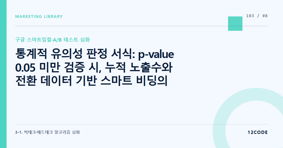 12code 라이브러리 아티클 표지. 통계적 유의성 판정 서식: p-value 0.05 미만 검증 시, 누적 노출수와 전환 데이터 기반 스마트 비딩의 승리 선언 기준 스크립트 작성
