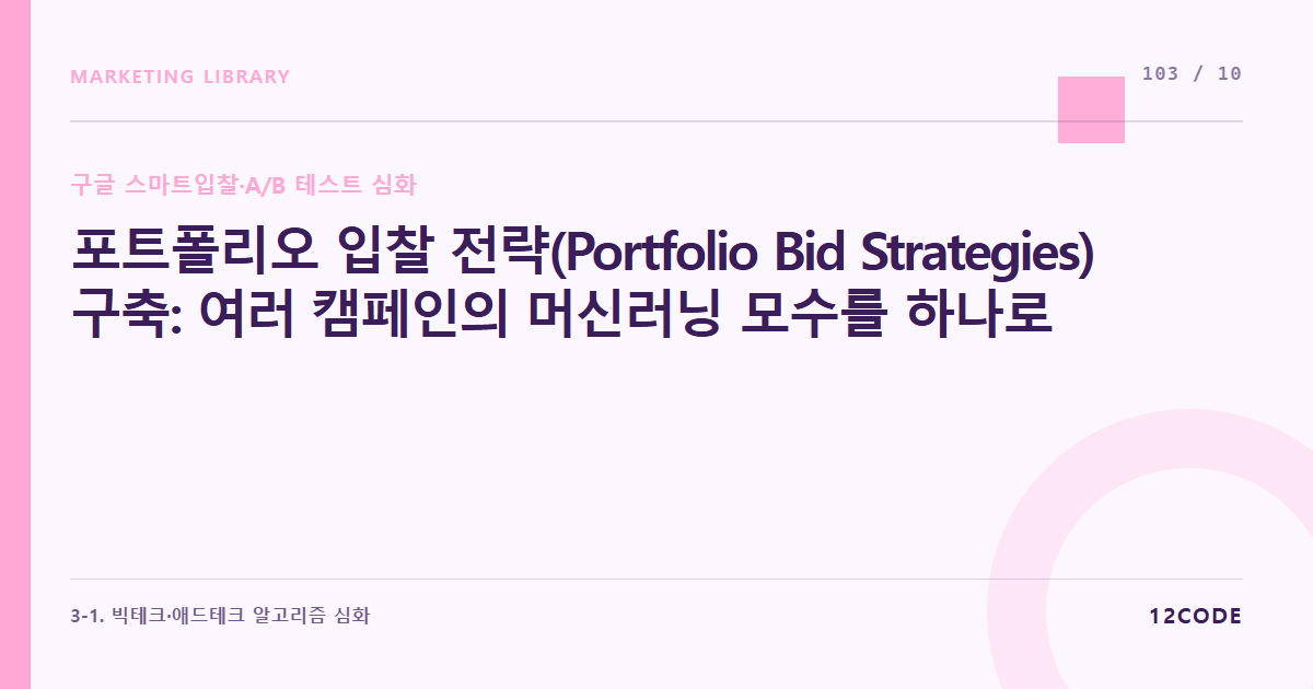 12code 라이브러리 아티클 표지. 포트폴리오 입찰 전략(Portfolio Bid Strategies) 구축: 여러 캠페인의 머신러닝 모수를 하나로 묶어 예산 소진 효율을 극대화하는 법