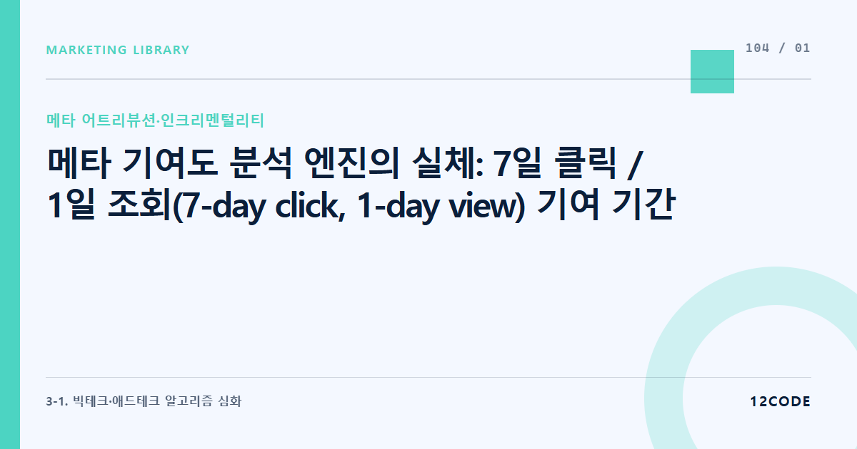 12code 라이브러리 아티클 표지. 메타 기여도 분석 엔진의 실체: 7일 클릭 / 1일 조회(7-day click, 1-day view) 기여 기간 설정의 알고리즘 최적화 연동 매커니즘