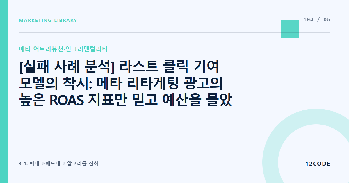 12code 라이브러리 아티클 표지. [실패 사례 분석] 라스트 클릭 기여 모델의 착시: 메타 리타게팅 광고의 높은 ROAS 지표만 믿고 예산을 몰았다가 전체 자사몰 매출이 급감한 원인 해부