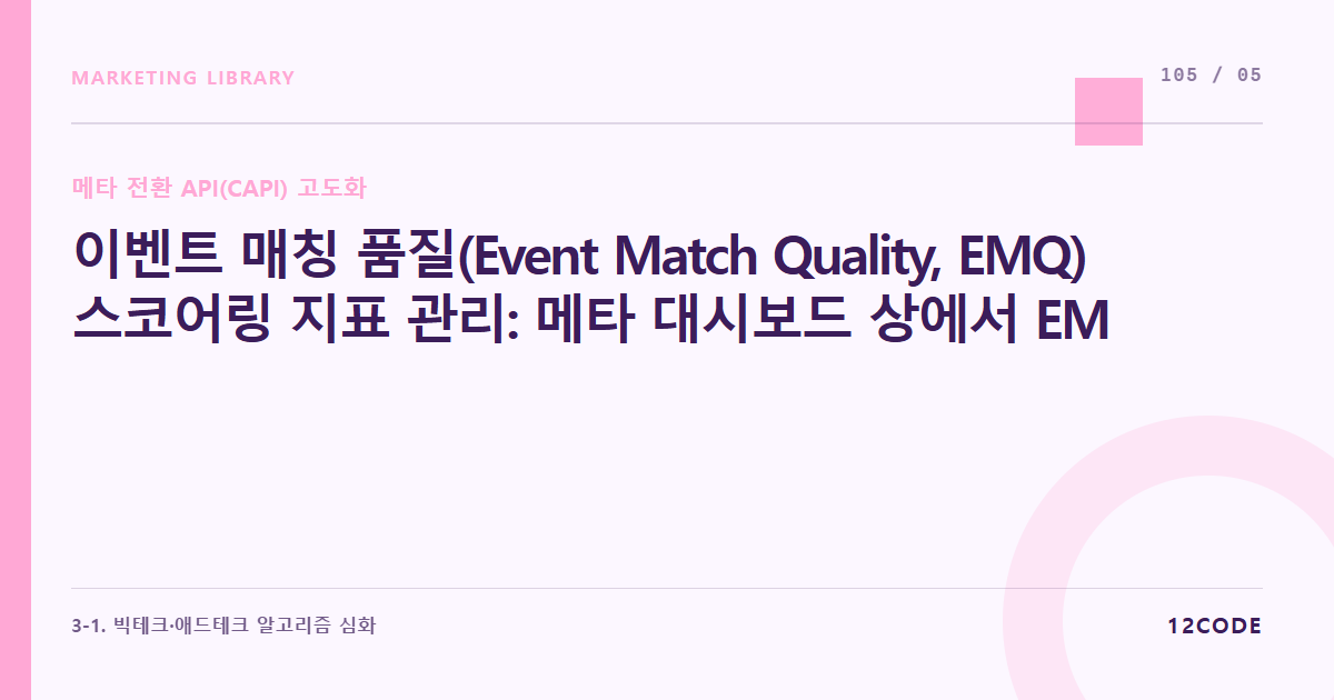 12code 라이브러리 아티클 표지. 이벤트 매칭 품질(Event Match Quality, EMQ) 스코어링 지표 관리: 메타 대시보드 상에서 EMQ 점수를 '우수(Great)' 등급으로 올리는 데이터 보정법