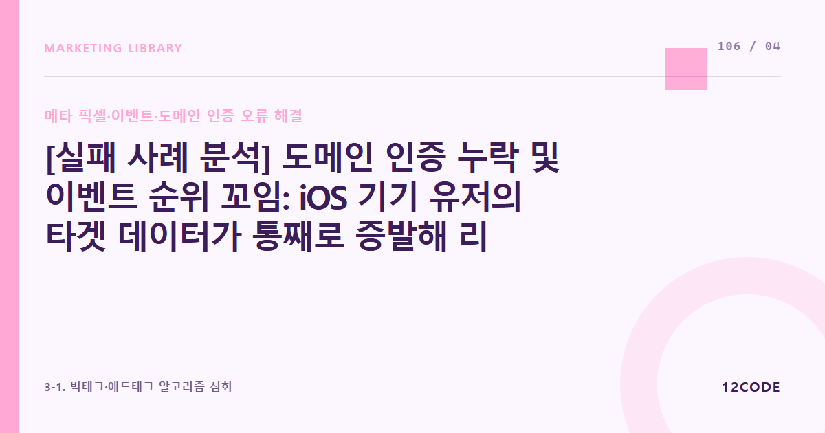 12code 라이브러리 아티클 표지. [실패 사례 분석] 도메인 인증 누락 및 이벤트 순위 꼬임: iOS 기기 유저의 타겟 데이터가 통째로 증발해 리타게팅 ROAS가 처참하게 무너진 원인 교정