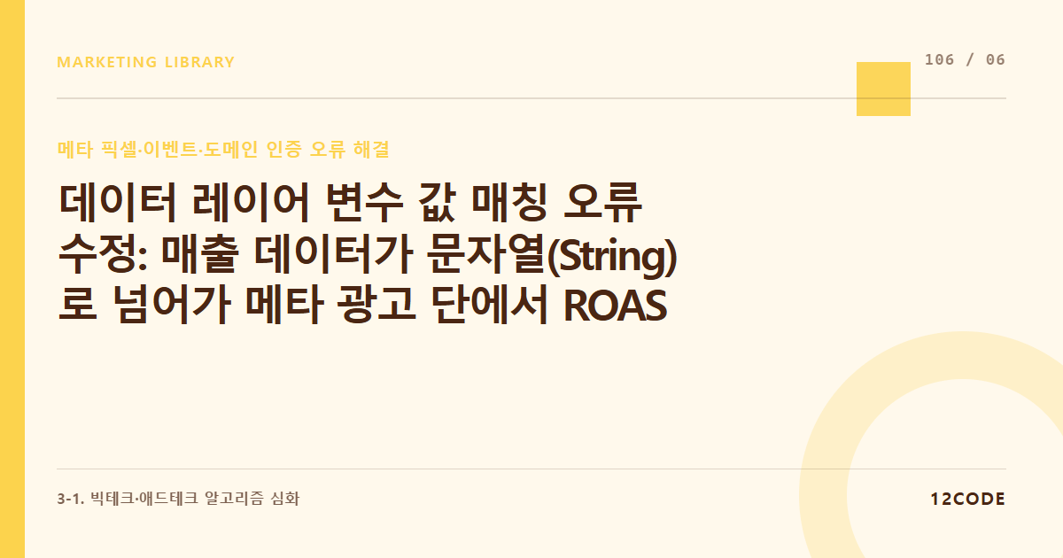 12code 라이브러리 아티클 표지. 데이터 레이어 변수 값 매칭 오류 수정: 매출 데이터가 문자열(String)로 넘어가 메타 광고 단에서 ROAS 합산 연산 오류가 발생할 때 정수형(Integer) 변환