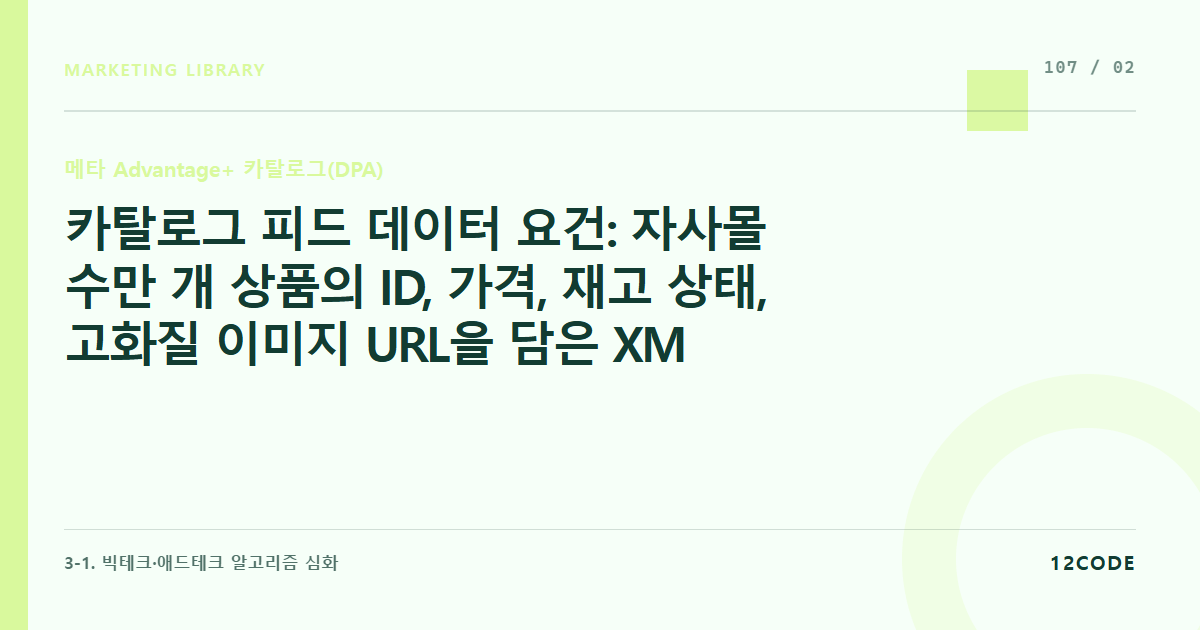 12code 라이브러리 아티클 표지. 카탈로그 피드 데이터 요건: 자사몰 수만 개 상품의 ID, 가격, 재고 상태, 고화질 이미지 URL을 담은 XML/CSV 메인 피드 규격화