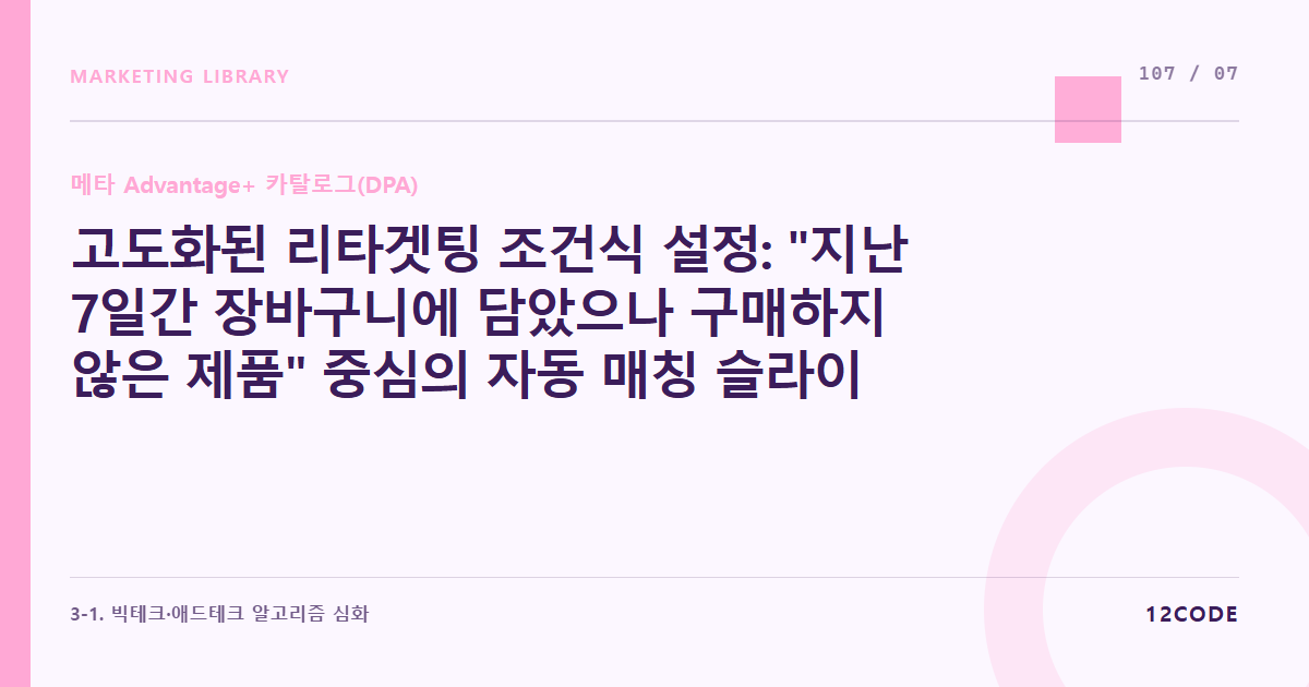 12code 라이브러리 아티클 표지. 고도화된 리타겟팅 조건식 설정: "지난 7일간 장바구니에 담았으나 구매하지 않은 제품" 중심의 자동 매칭 슬라이드 광고 최적화