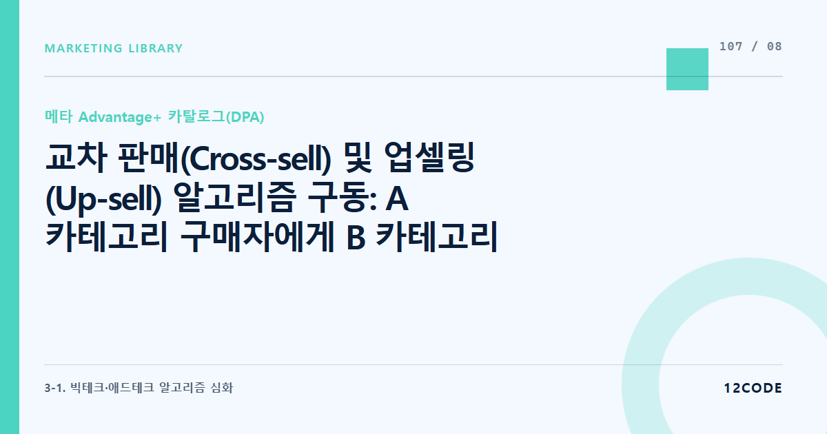 12code 라이브러리 아티클 표지. 교차 판매(Cross-sell) 및 업셀링(Up-sell) 알고리즘 구동: A 카테고리 구매자에게 B 카테고리 보완재 상품을 메타 AI가 자동 판단해 추천 노출하기