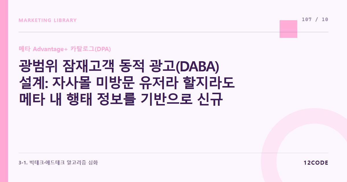 12code 라이브러리 아티클 표지. 광범위 잠재고객 동적 광고(DABA) 설계: 자사몰 미방문 유저라 할지라도 메타 내 행태 정보를 기반으로 신규 유치용 어드밴티지+ 카탈로그 전개