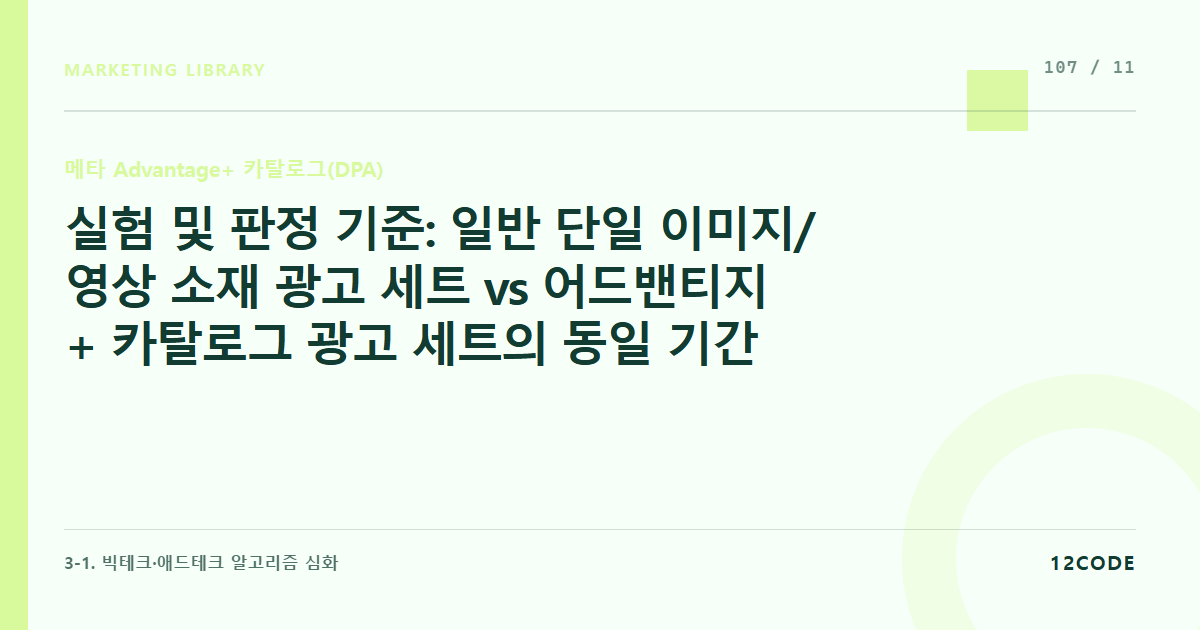 12code 라이브러리 아티클 표지. 실험 및 판정 기준: 일반 단일 이미지/영상 소재 광고 세트 vs 어드밴티지+ 카탈로그 광고 세트의 동일 기간 내 직접 CPA 단가 비교 대조 실험