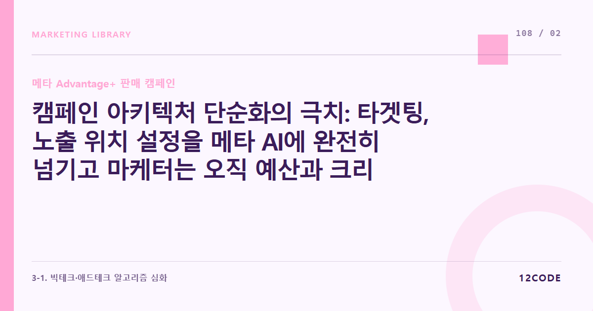 12code 라이브러리 아티클 표지. 캠페인 아키텍처 단순화의 극치: 타겟팅, 노출 위치 설정을 메타 AI에 완전히 넘기고 마케터는 오직 예산과 크리에이티브만 통제하는 구조