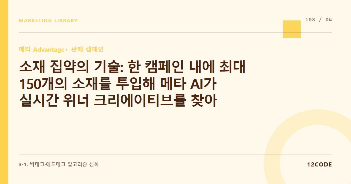 12code 라이브러리 아티클 표지. 소재 집약의 기술: 한 캠페인 내에 최대 150개의 소재를 투입해 메타 AI가 실시간 위너 크리에이티브를 찾아 조합하게 만드는 세팅