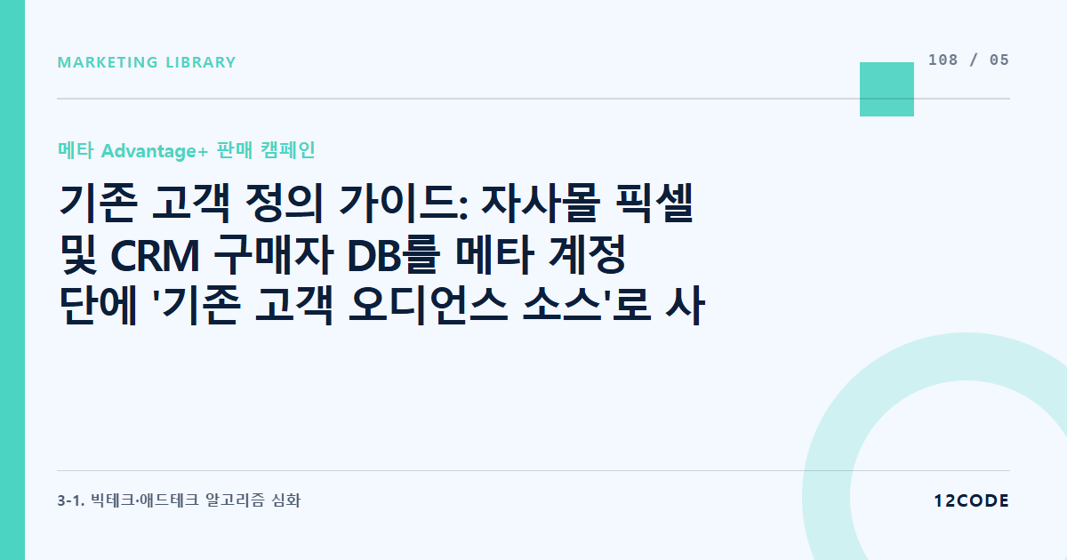 12code 라이브러리 아티클 표지. 기존 고객 정의 가이드: 자사몰 픽셀 및 CRM 구매자 DB를 메타 계정 단에 '기존 고객 오디언스 소스'로 사전 명시하는 정석 프로세스