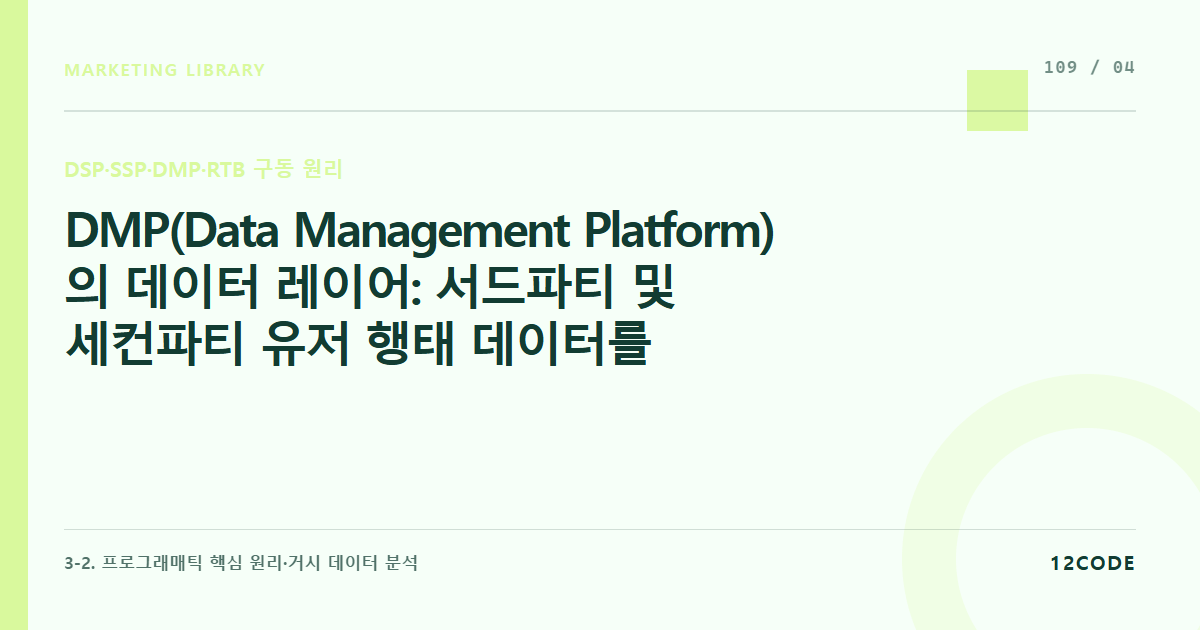 12code 라이브러리 아티클 표지. DMP(Data Management Platform)의 데이터 레이어: 서드파티 및 세컨파티 유저 행태 데이터를 비식별 ID(Cookie/ADID) 기반으로 압축·분류하는 법