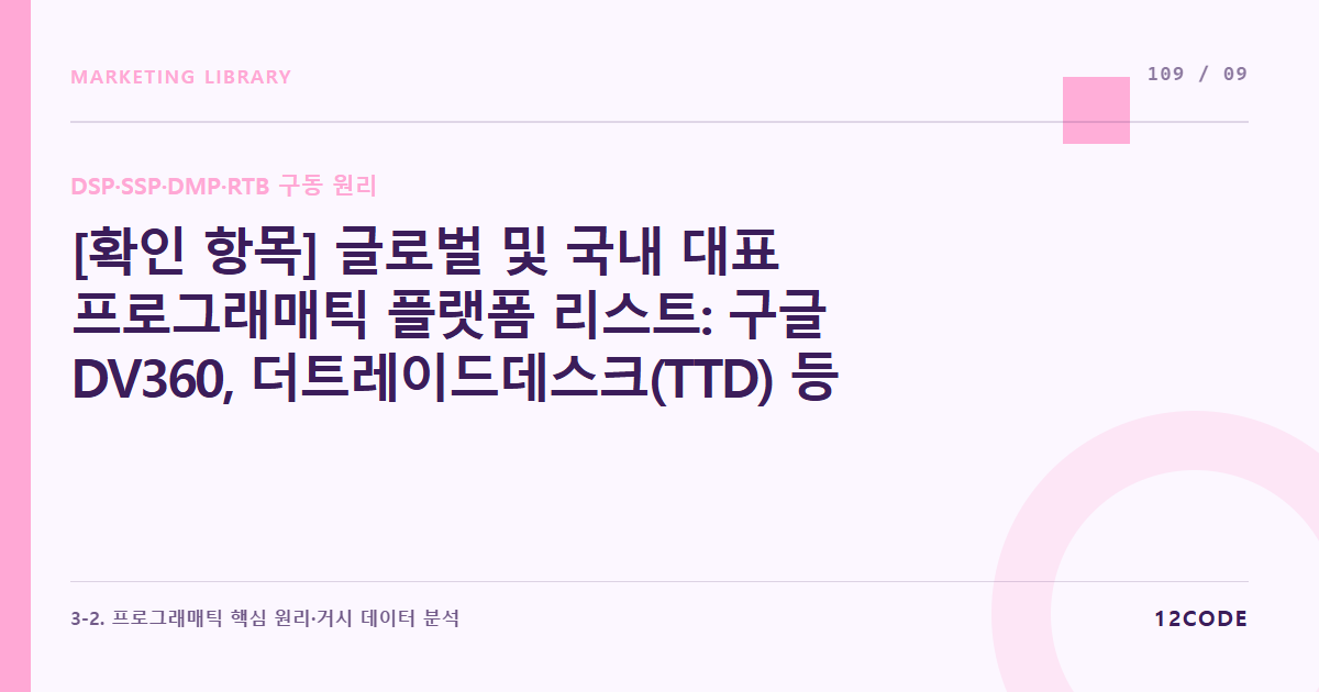 12code 라이브러리 아티클 표지. [확인 항목] 글로벌 및 국내 대표 프로그래매틱 플랫폼 리스트: 구글 DV360, 더트레이드데스크(TTD) 등 솔루션별 가입 조건 및 최소 약정 예산 정책