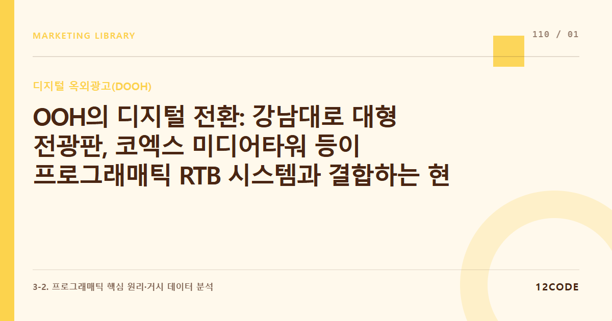 12code 라이브러리 아티클 표지. OOH의 디지털 전환: 강남대로 대형 전광판, 코엑스 미디어타워 등이 프로그래매틱 RTB 시스템과 결합하는 현 주소