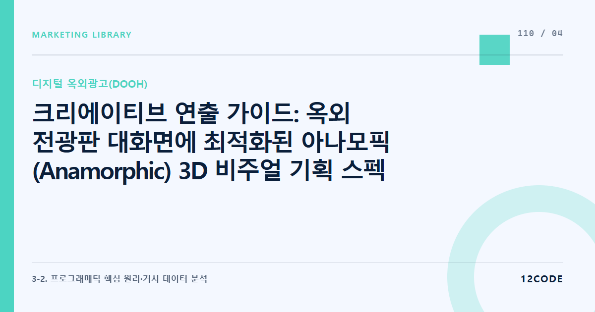 12code 라이브러리 아티클 표지. 크리에이티브 연출 가이드: 옥외 전광판 대화면에 최적화된 아나모픽(Anamorphic) 3D 비주얼 기획 스펙 및 시각 후킹 자막 레이아웃