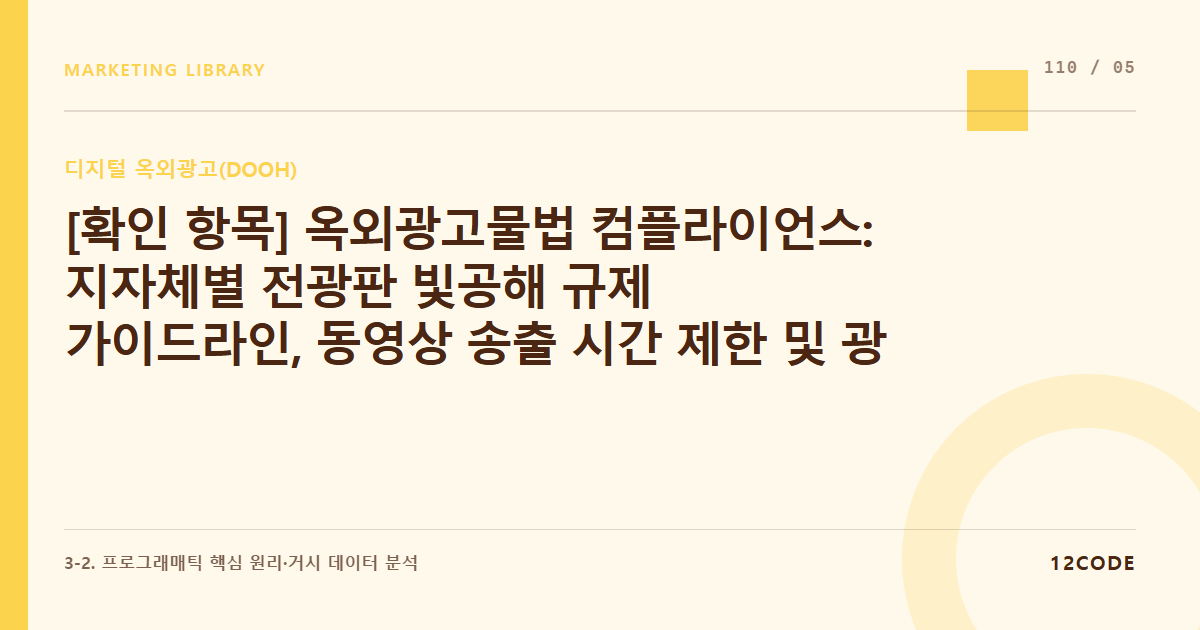 12code 라이브러리 아티클 표지. [확인 항목] 옥외광고물법 컴플라이언스: 지자체별 전광판 빛공해 규제 가이드라인, 동영상 송출 시간 제한 및 광고 심의필 의무 체크리스트