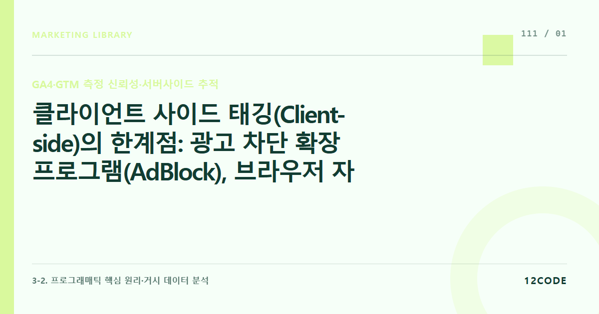 12code 라이브러리 아티클 표지. 클라이언트 사이드 태깅(Client-side)의 한계점: 광고 차단 확장 프로그램(AdBlock), 브라우저 자체 추적 방지 기능으로 인한 GA4 데이터 유실 분석