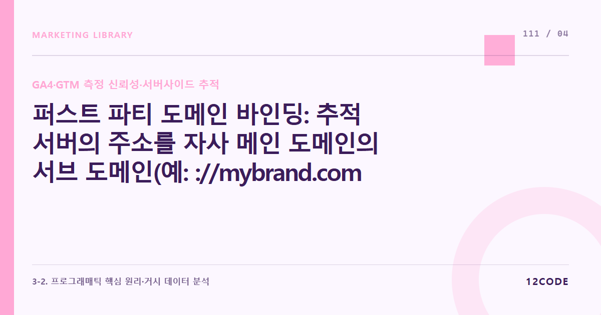 12code 라이브러리 아티클 표지. 퍼스트 파티 도메인 바인딩: 추적 서버의 주소를 자사 메인 도메인의 서브 도메인(예: ://mybrand.com)으로 설정하여 브라우저 차단 우회하기