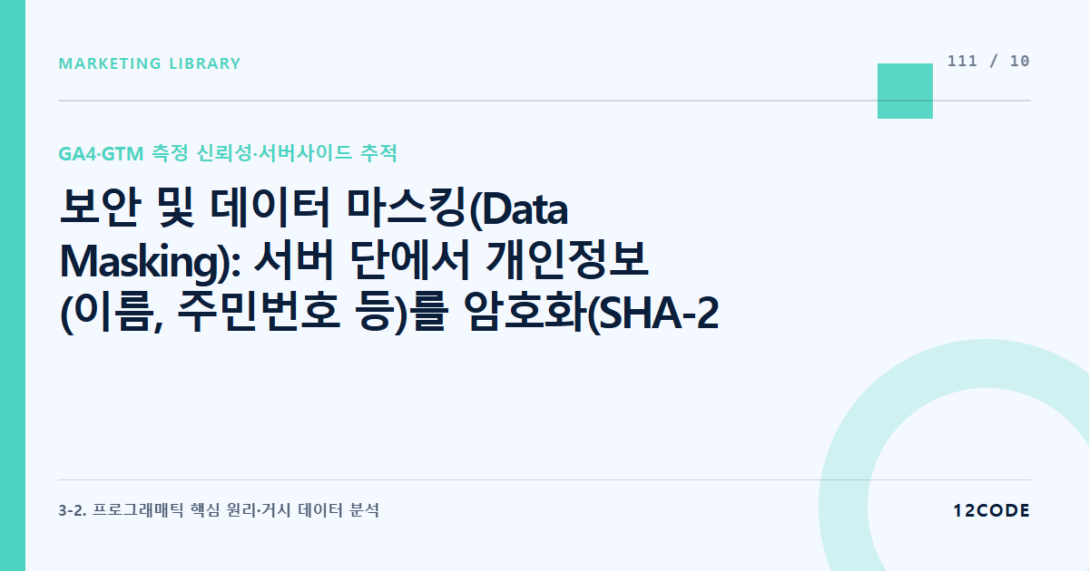 12code 라이브러리 아티클 표지. 보안 및 데이터 마스킹(Data Masking): 서버 단에서 개인정보(이름, 주민번호 등)를 암호화(SHA-256) 처리하거나 전송 제외하여 법적 리스크 사전 차단
