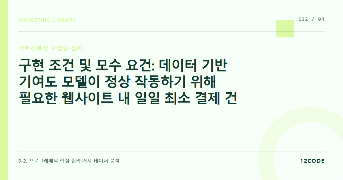 12code 라이브러리 아티클 표지. 구현 조건 및 모수 요건: 데이터 기반 기여도 모델이 정상 작동하기 위해 필요한 웹사이트 내 일일 최소 결제 건수 및 유저 여정 트래픽 볼륨