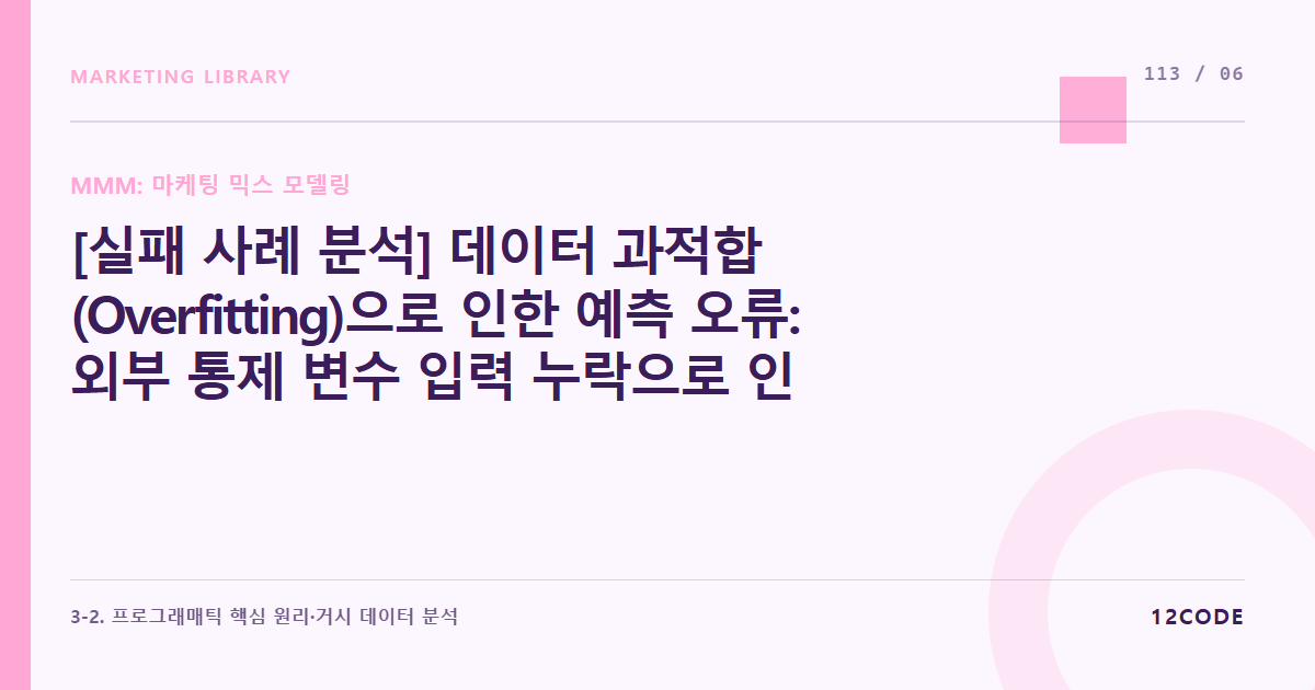 12code 라이브러리 아티클 표지. [실패 사례 분석] 데이터 과적합(Overfitting)으로 인한 예측 오류: 외부 통제 변수 입력 누락으로 인해 엉뚱한 매체가 매출 상승 원인으로 판정된 MMM 실패 복구