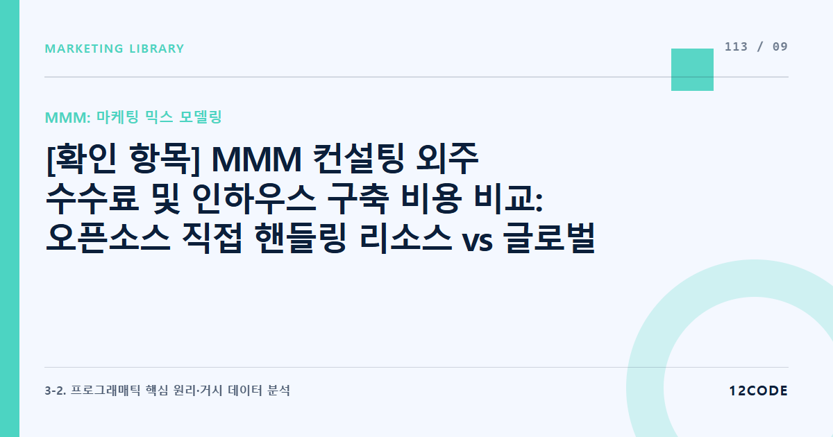 12code 라이브러리 아티클 표지. [확인 항목] MMM 컨설팅 외주 수수료 및 인하우스 구축 비용 비교: 오픈소스 직접 핸들링 리소스 vs 글로벌 통계 분석 솔루션 도입 요율 트래킹