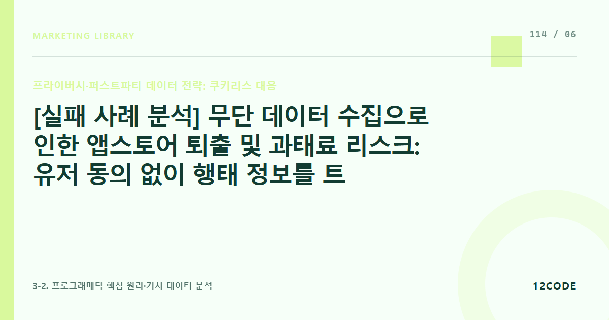 12code 라이브러리 아티클 표지. [실패 사례 분석] 무단 데이터 수집으로 인한 앱스토어 퇴출 및 과태료 리스크: 유저 동의 없이 행태 정보를 트래킹하다 컴플라이언스 위반 제재를 받은 케이스 해부