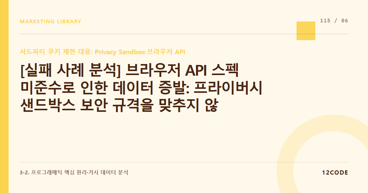 12code 라이브러리 아티클 표지. [실패 사례 분석] 브라우저 API 스펙 미준수로 인한 데이터 증발: 프라이버시 샌드박스 보안 규격을 맞추지 않아 광고 최적화 연동이 통째로 차단된 오류 시정